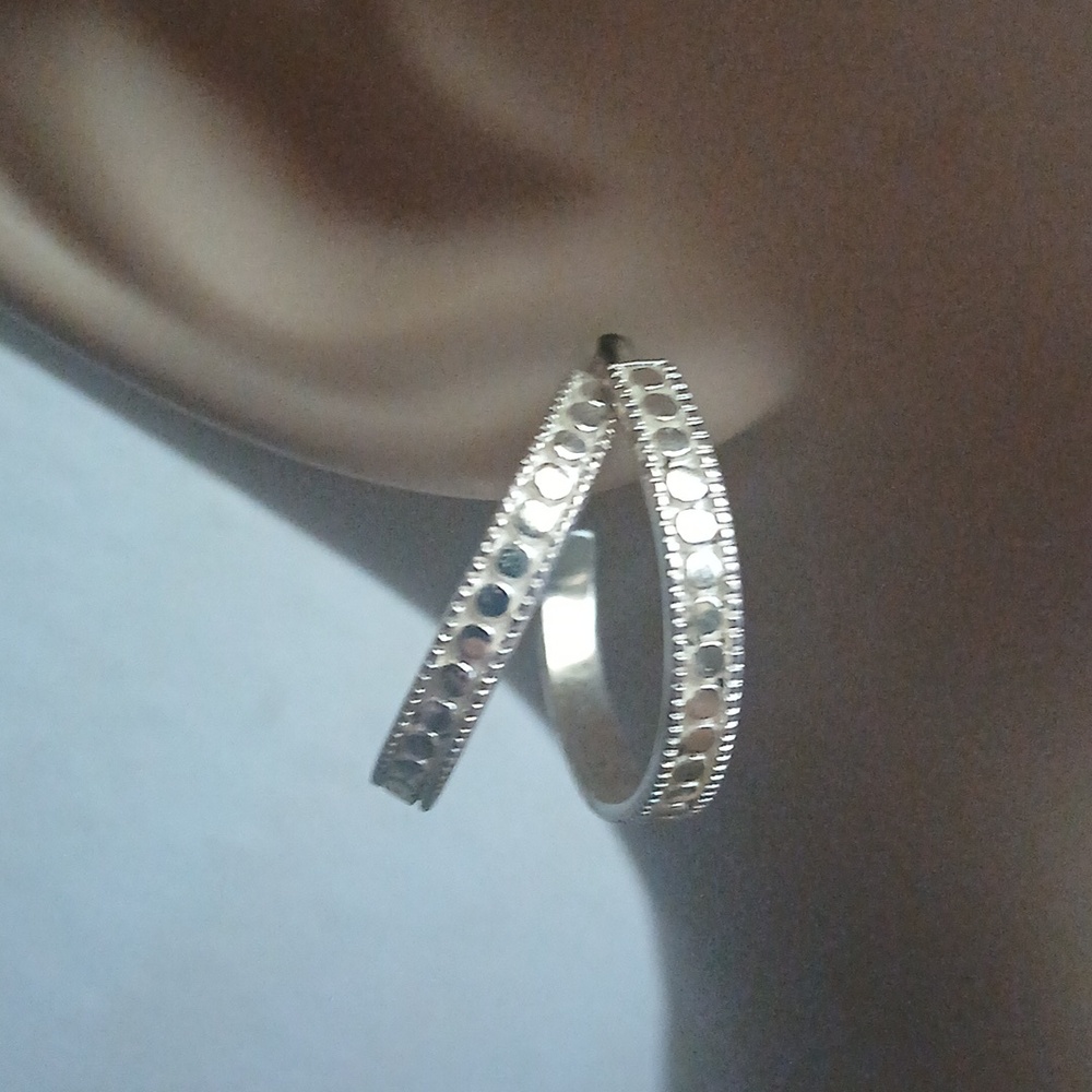 Beautiful Dot Hoop Sterling Earrings 1.25" Sparkly Silver Stamped